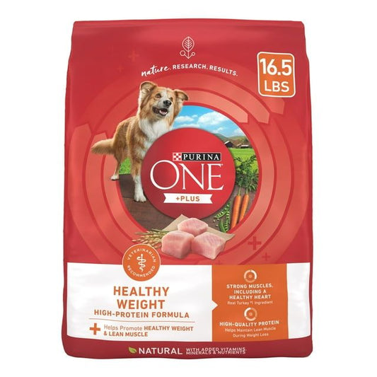 16.5 lb bag of Purina ONE Plus Healthy Weight High-Protein Dry Dog Food, designed to support weight management and muscle maintenance.