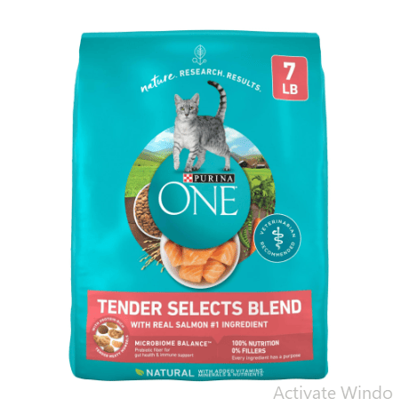 7 lb bag of Purina ONE Tender Selects Blend Dry Cat Food with real salmon, featuring crunchy bites and tender morsels for adult cats.