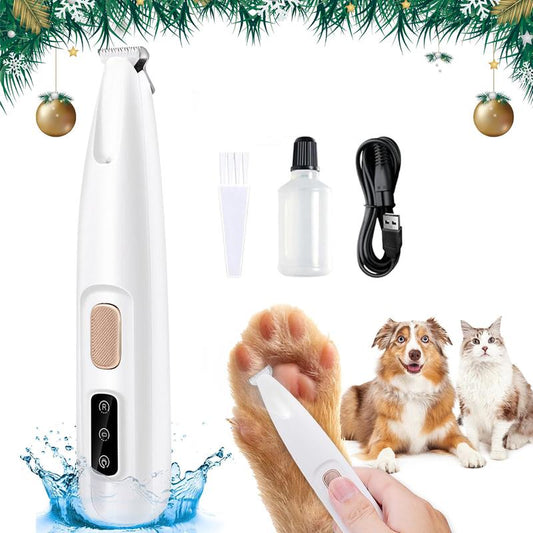 Pet grooming tool set with a dog and cat, USB cable, and bottle on a white background.