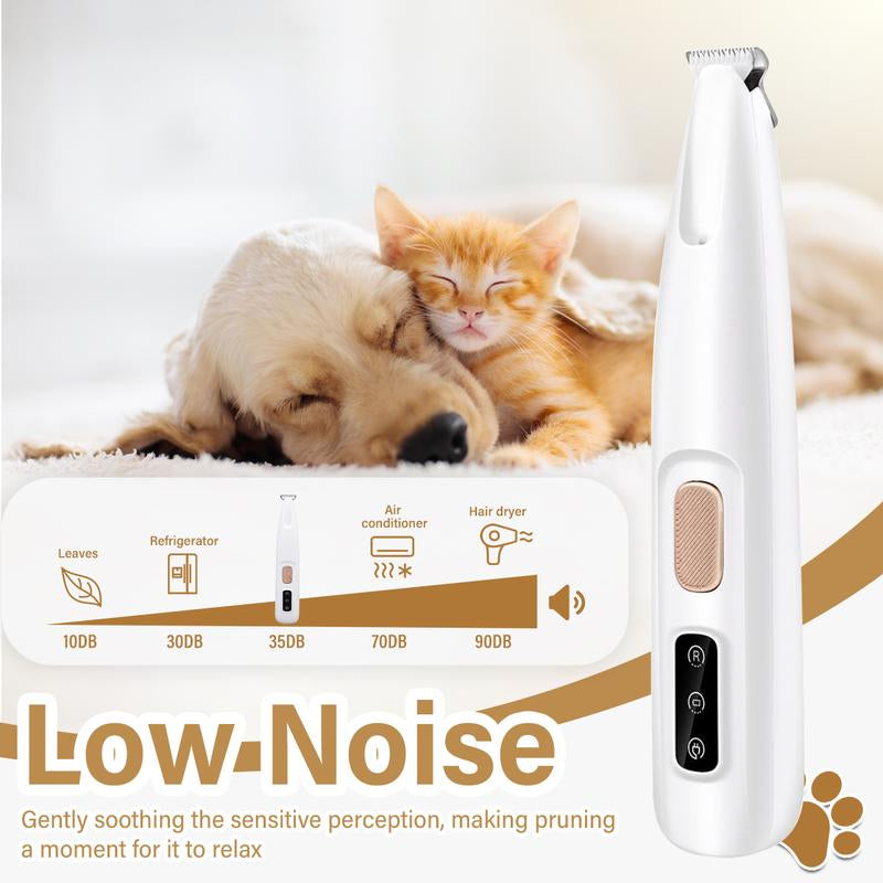 Pet grooming tool with a dog and cat on a white background, highlighting 'Low Noise' feature.