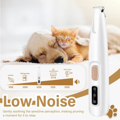 Pet grooming tool with a dog and cat on a white background, highlighting 'Low Noise' feature.