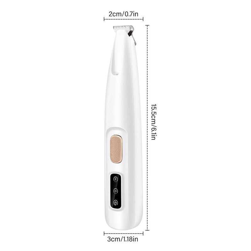 White electric trimmer with dimensions labeled on a white background