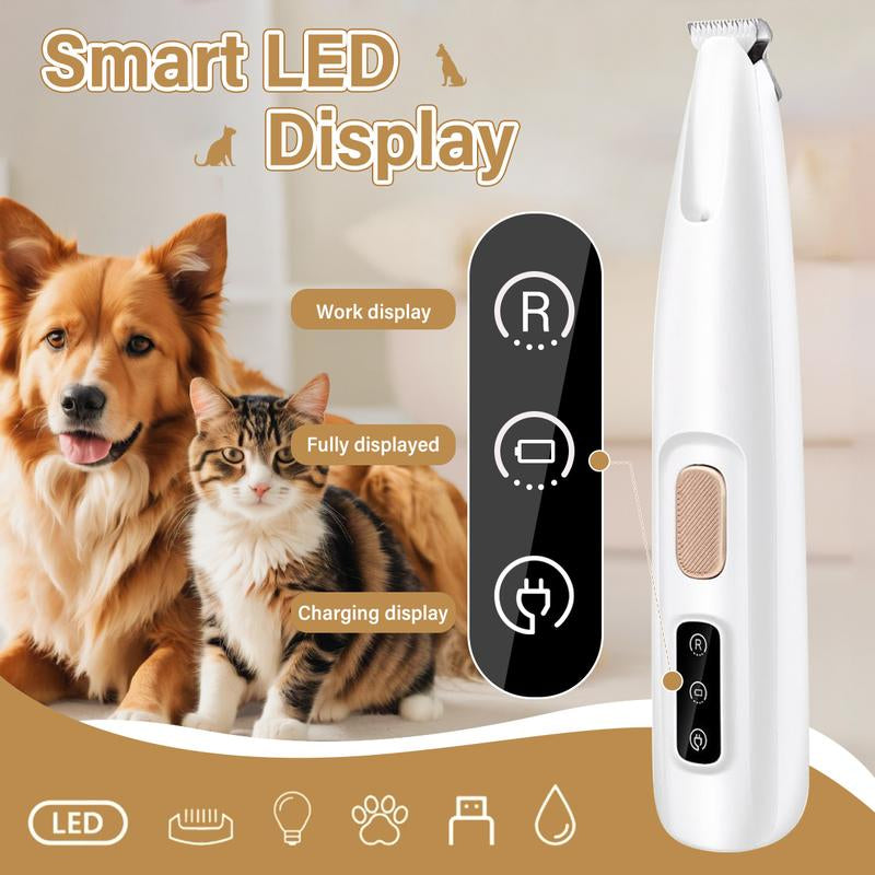 Pet grooming tool with smart LED display, dog, and cat on a light background