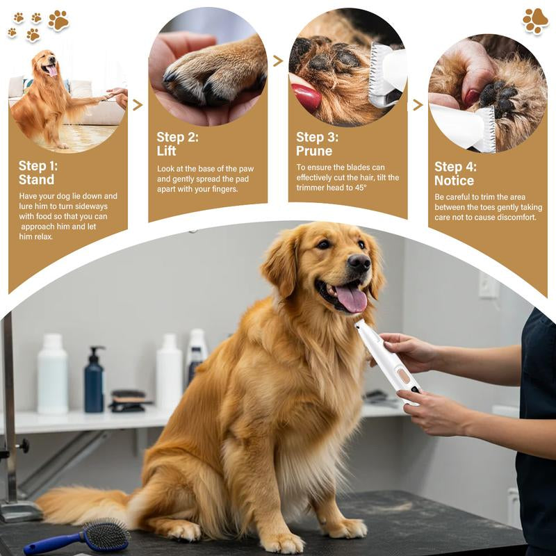 Dog grooming process with a person using a grooming tool on a Golden Retriever, set against a grooming station background.