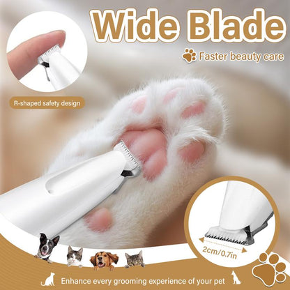 Pet grooming tool with wide blade for faster beauty care, showing a close-up of a paw being groomed.