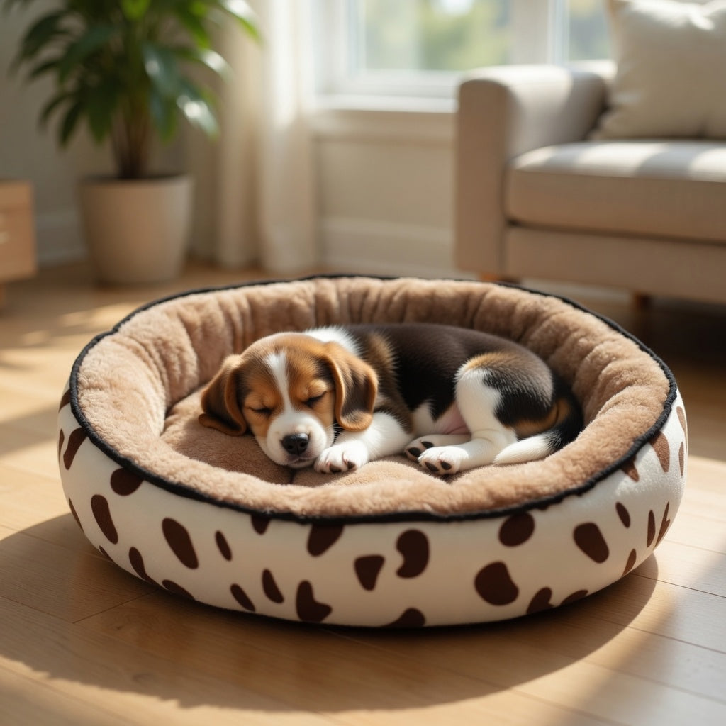 Dog lying on a round, patterned Removable Pet Mat in a cozy living room.