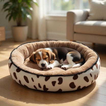 Dog lying on a round, patterned Removable Pet Mat in a cozy living room.