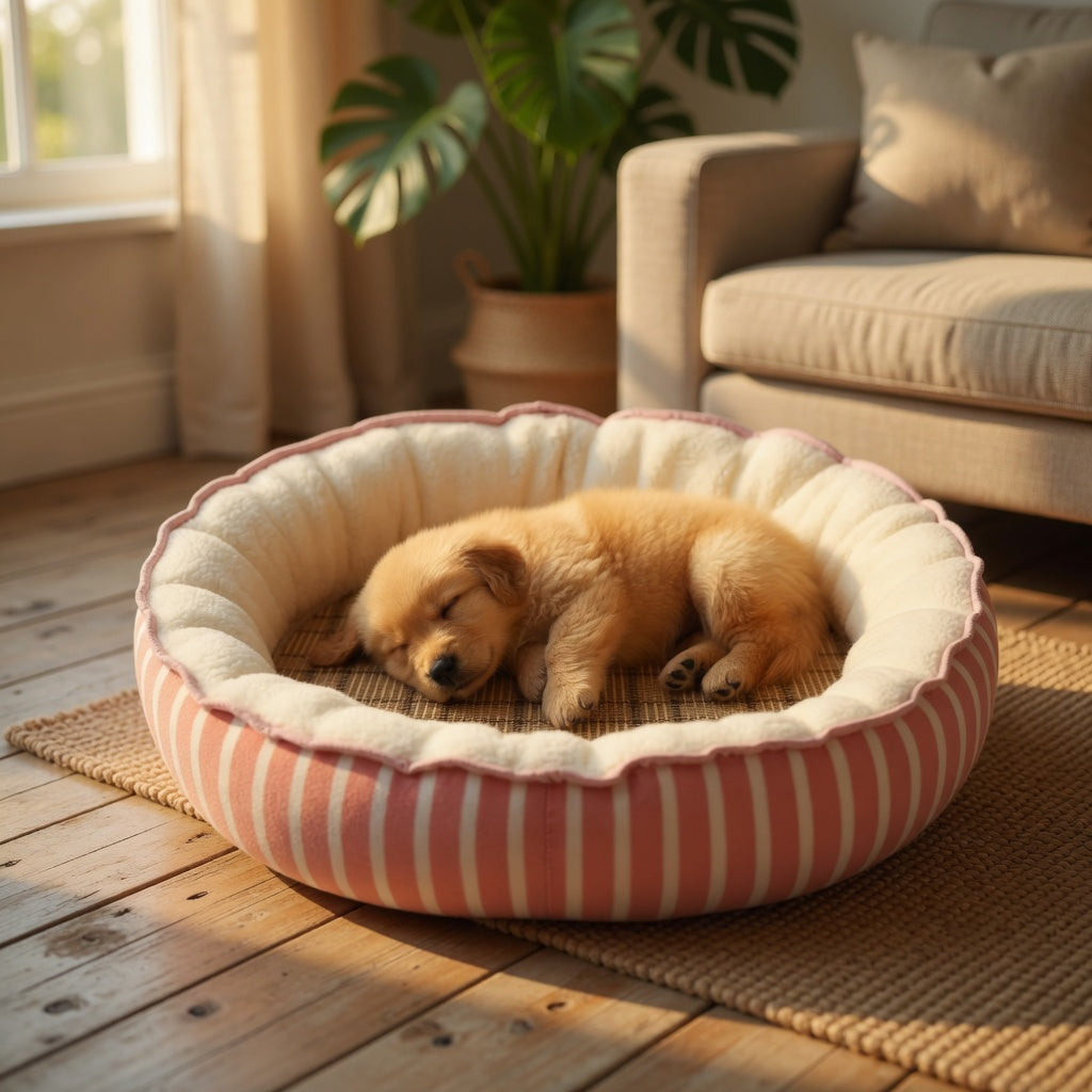 Dog lying on a striped removable pet mat in a cozy living room.