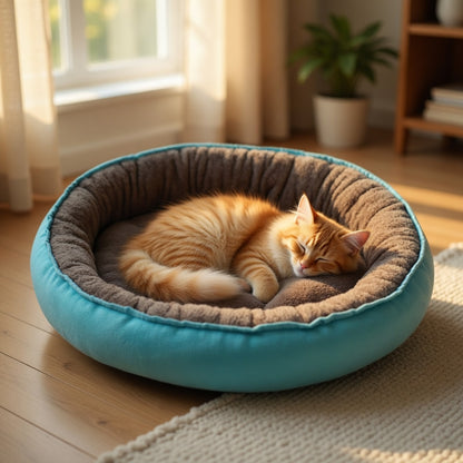 Cat sleeping in a Removable Pet Mat in a cozy room with a window and plant.
