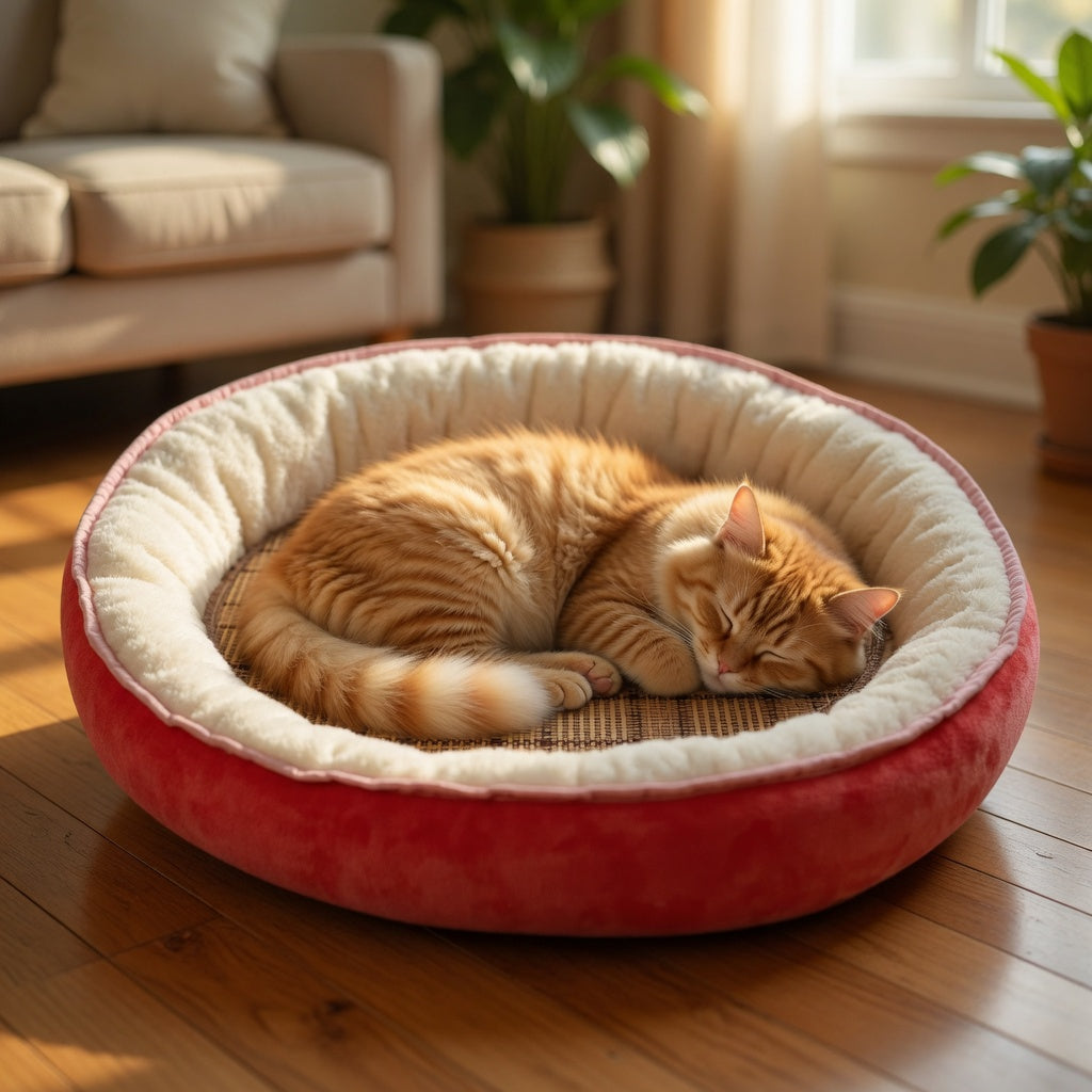 Cat sleeping on a red removable pet mat in a cozy living room.