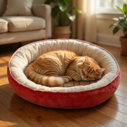 Cat sleeping on a red removable pet mat in a cozy living room.
