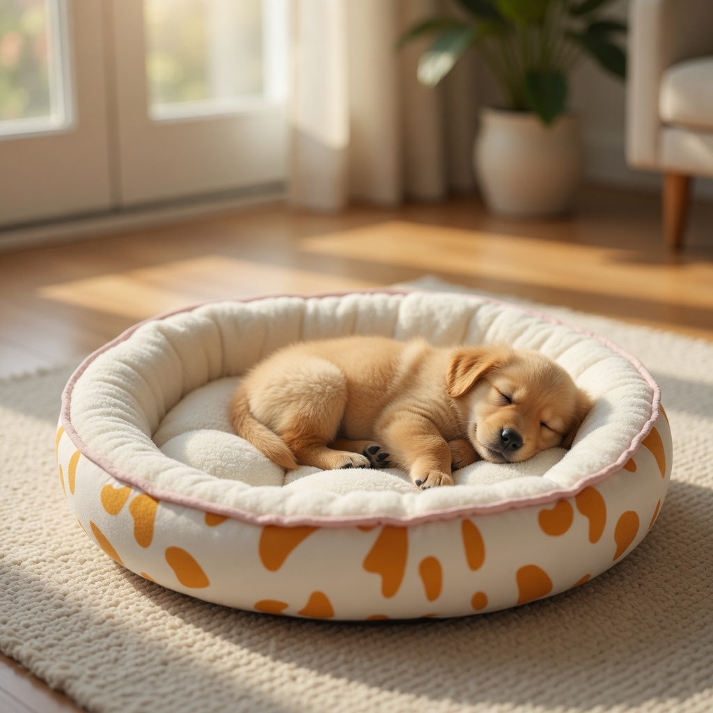 Sleeping puppy on a removable pet mat in a sunlit room
