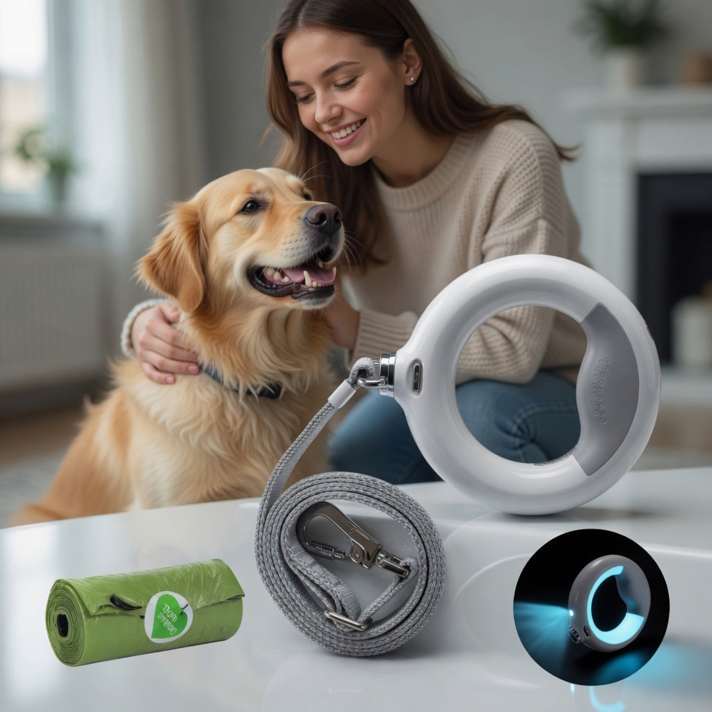 Woman with a Retractable Dog Leash with Lamp and her dog.