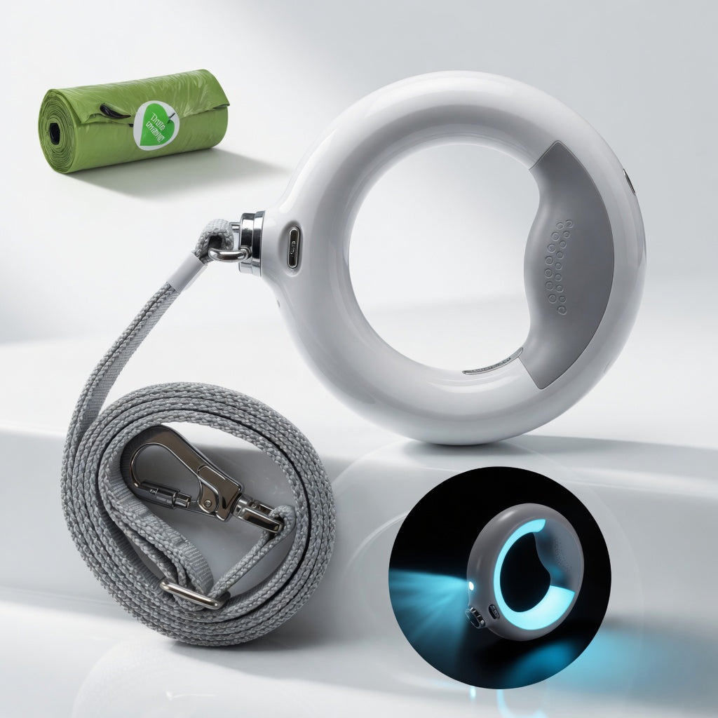Retractable Dog Leash with Lamp in a white background.