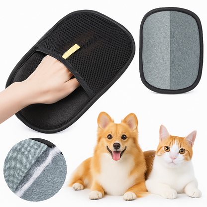 Black Reusable Pet Hair Remover Glove for Furniture and Pets with a hand holding it, two dogs and a cat sitting together, and close-up of the mesh material.