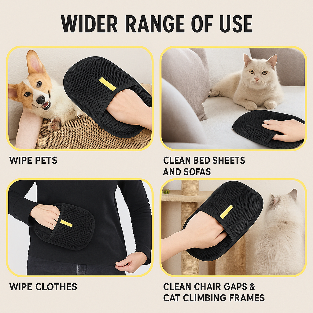 Reusable Pet Hair Remover Glove being used to clean pets, sheets, clothes, and furniture.