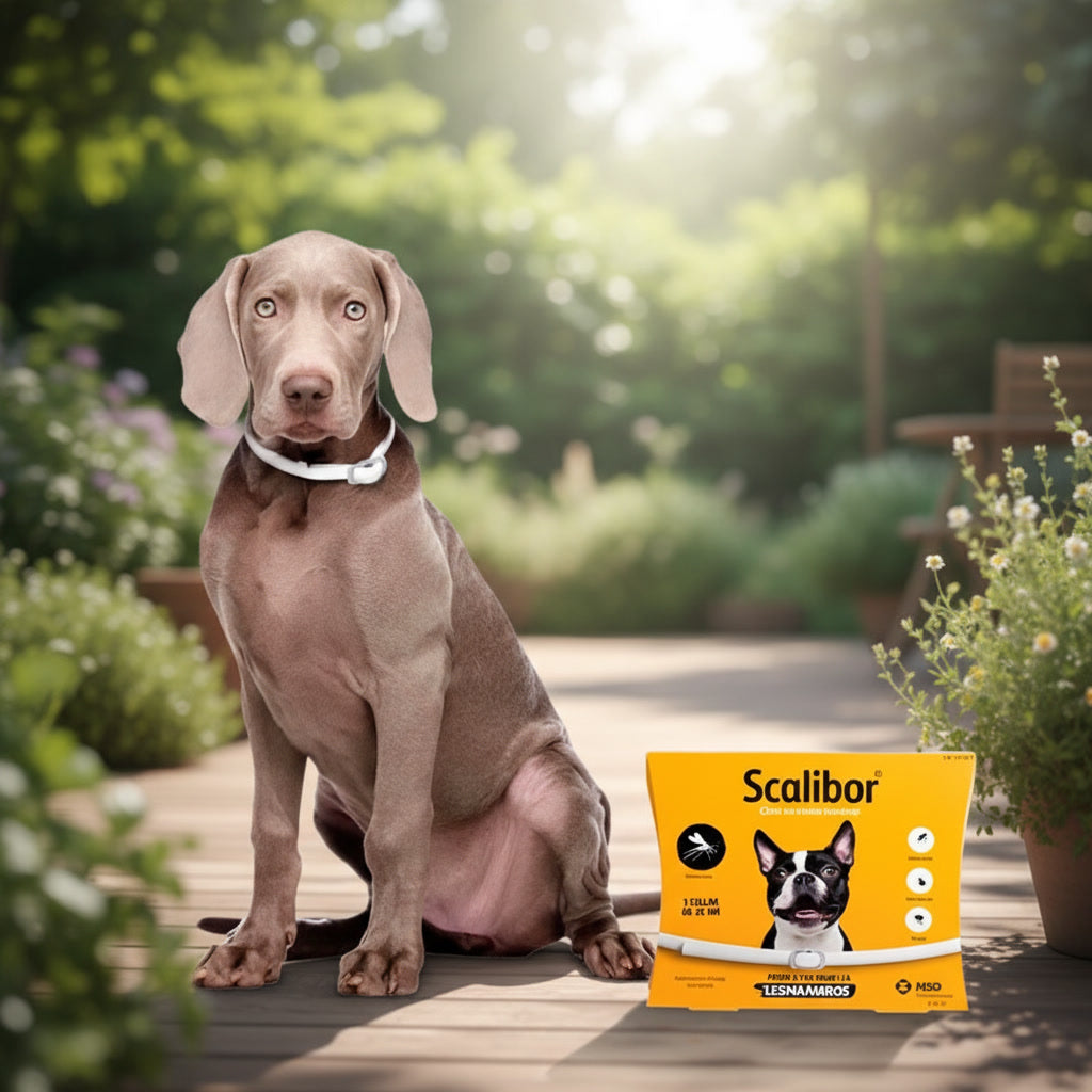 Dog sitting on a wooden deck with a package of Scalibor flea and tick treatment in the foreground.