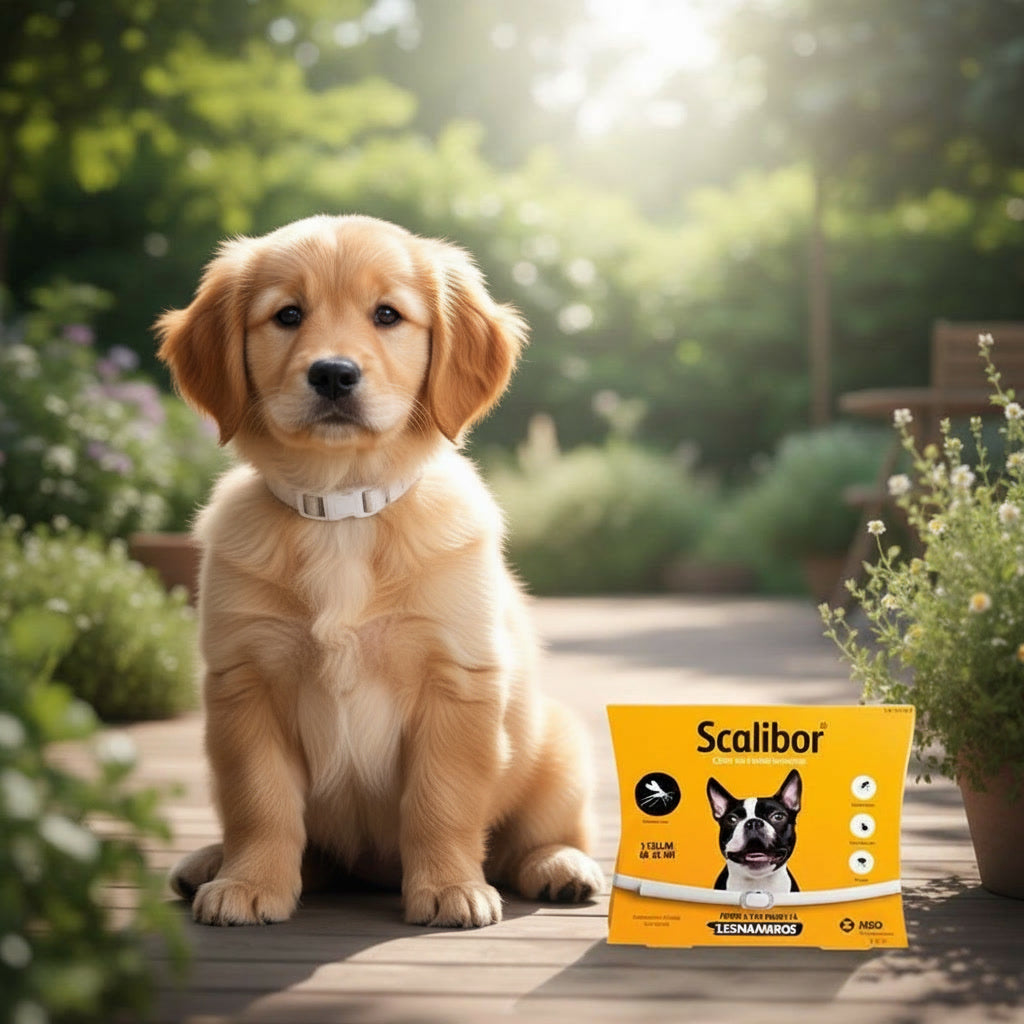 Puppy sitting next to a package of Scalibor in a garden setting