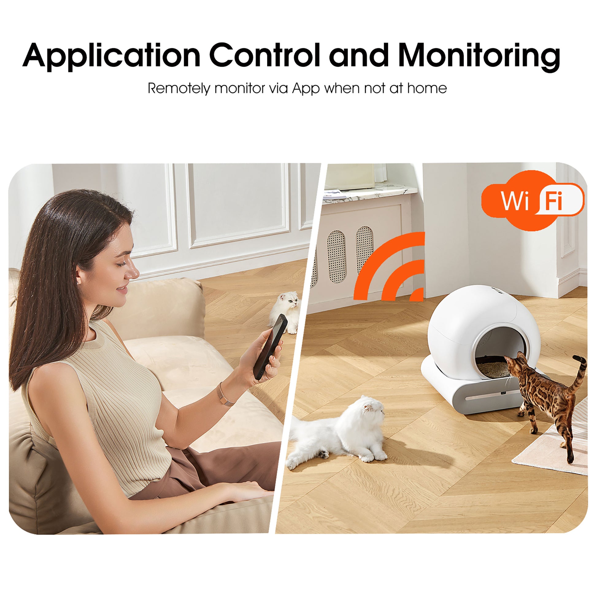 Self-cleaning litter box with automatic scooping, deodorization, and WiFi control, perfect for hassle-free cat care application control and monitoring