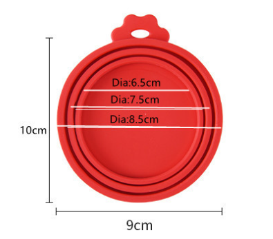 Red Silicone Pet Food Can Lid with dimensions labeled on a white background