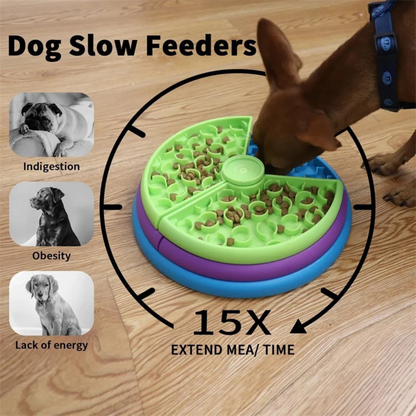 Dog slow feeder with a dog eating, showing benefits like reducing indigestion and obesity.