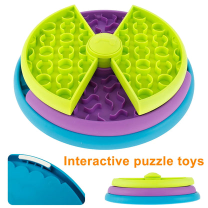 Colorful interactive puzzle toy with green, purple, and blue sections on a white background.