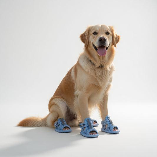Dog wearing blue dog sandals on a white background