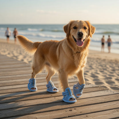 Dog wearing blue sandals on a wooden boardwalk at the beach
