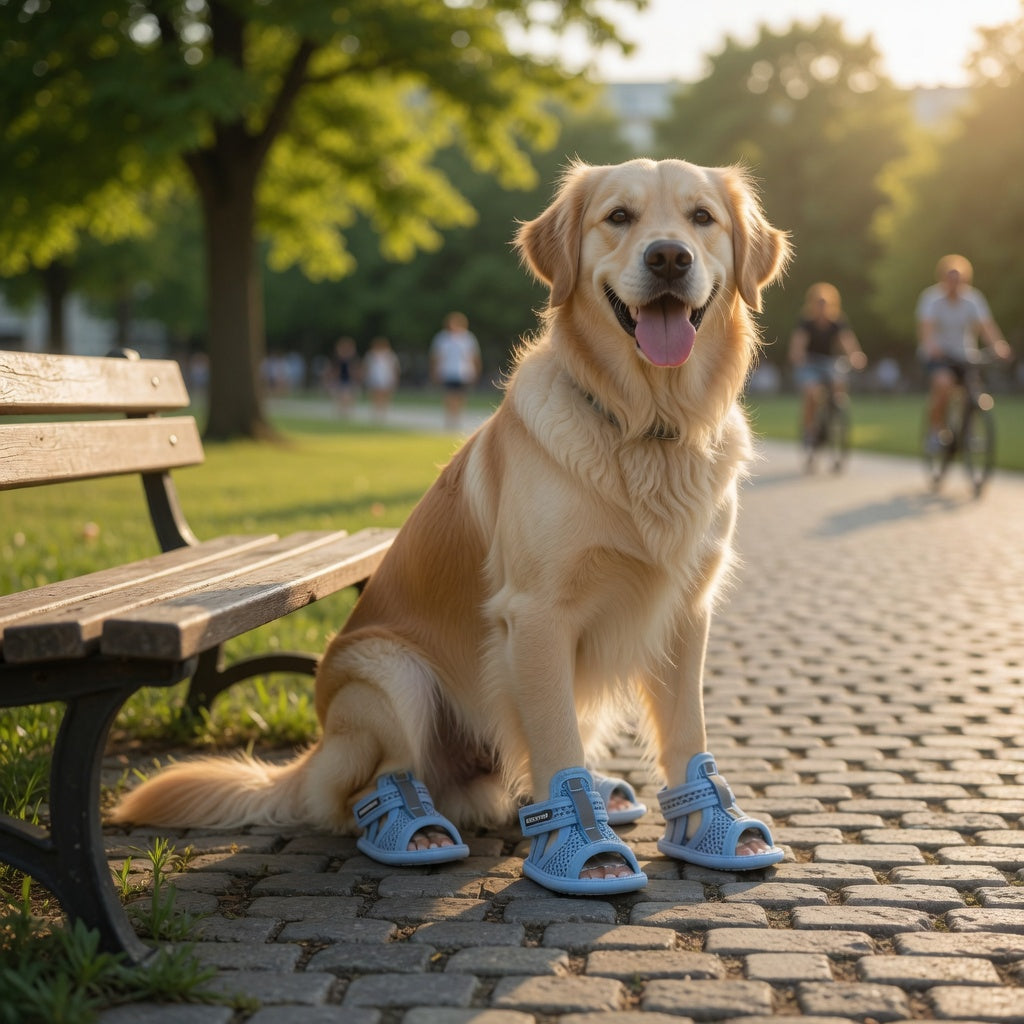 Dog wearing blue sandals sitting on a paved path in a park with people and bicycles in the background.