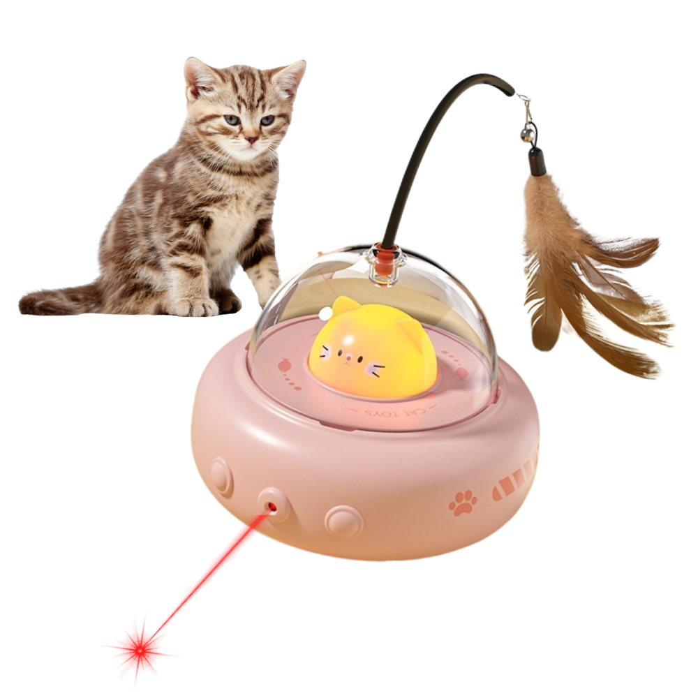 Cat toy with a yellow cat figure, red laser pointer, and feather attachment on a white background.