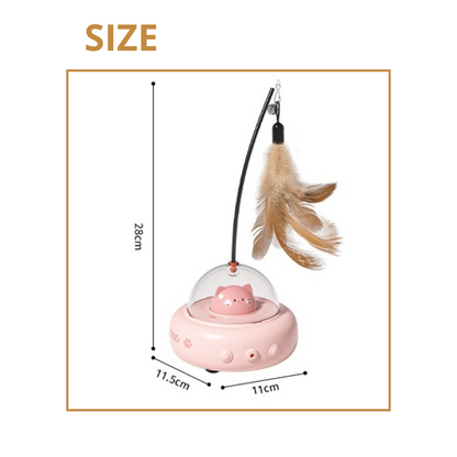 Pink pet toy with feather attachment and measurements on a white background
