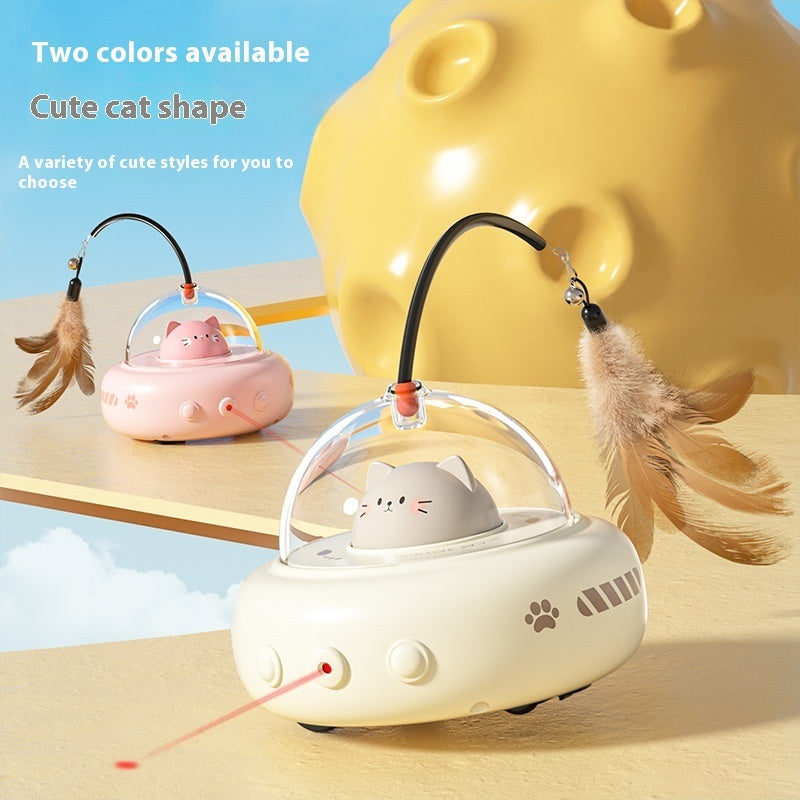 Cat-shaped toy with feather attachments on a bright background