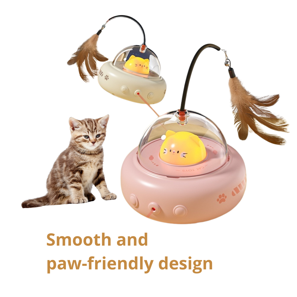 Cat toy with feather attachments and a cat sitting next to it on a white background