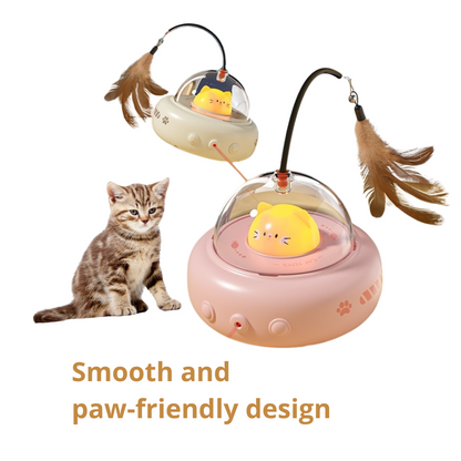 Cat toy with feather attachments and a cat sitting next to it on a white background