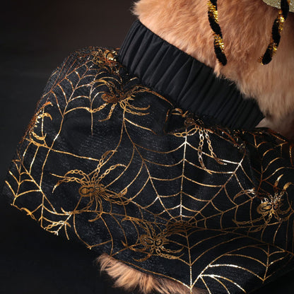 Black sweater with gold spider web and spider design on a dark background