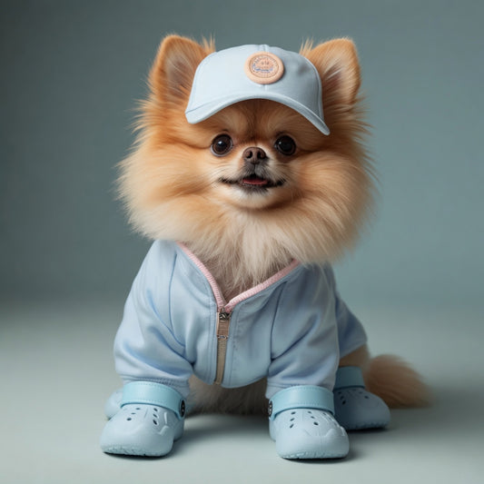 Small dog wearing a light blue outfit with shoes and a matching cap on a gray background
