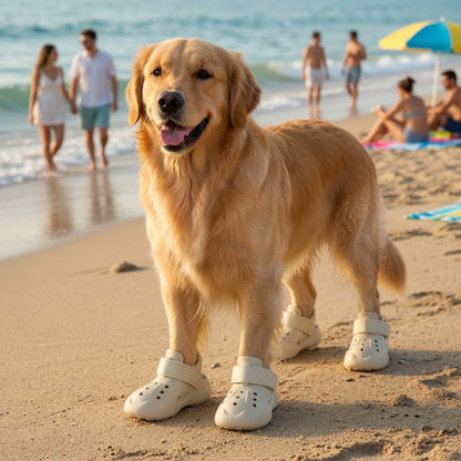 Dog wearing Summer Dog Crocs on a sandy beach with people in the background