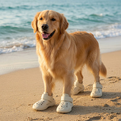 Dog wearing Summer Dog Crocs on a sandy beach with ocean waves in the background