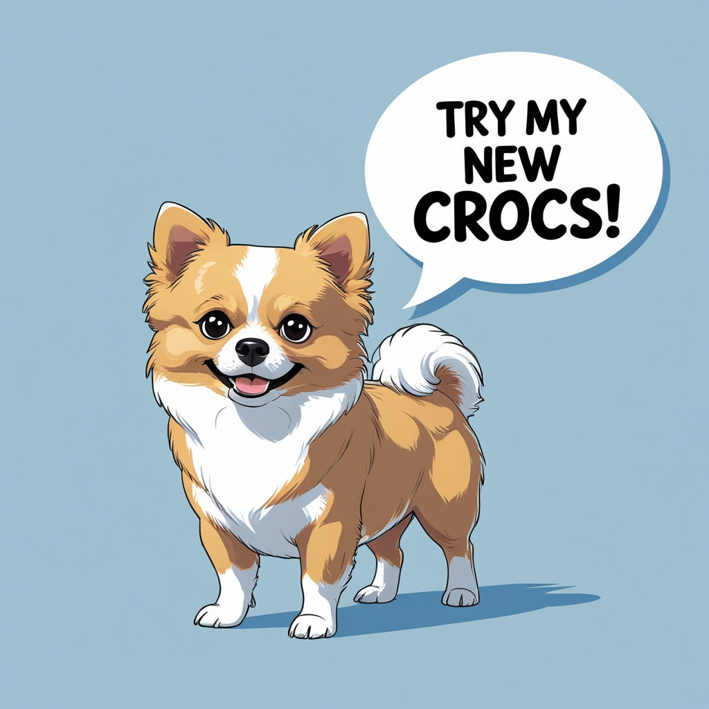 Small dog standing on all four paws wearing proportional EVA Crocs-style sandals in black, purple, light blue, and cream white on a neutral pastel background funny