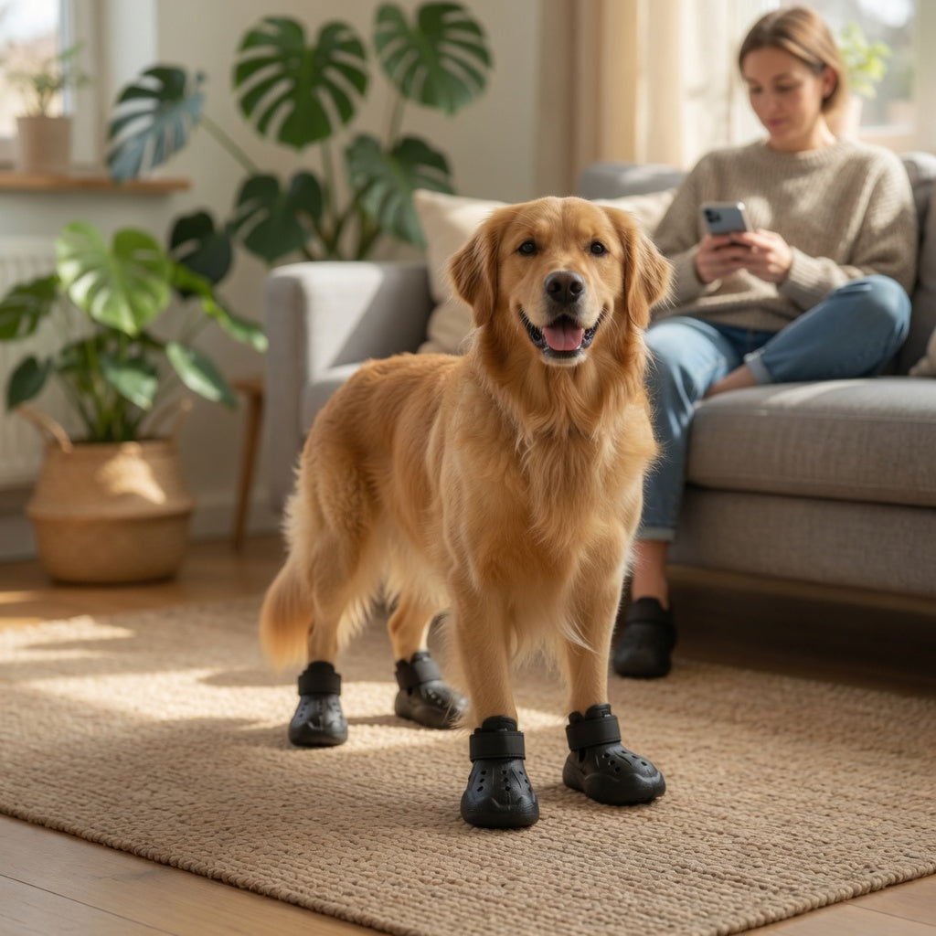 Dog wearing black Summer Dog Crocs standing on a rug with a person sitting on a couch in the background.