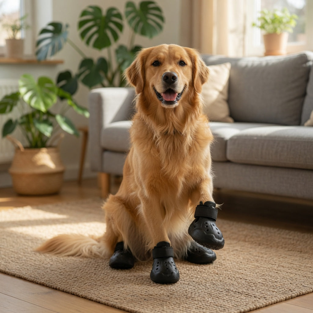 Golden retriever wearing black Summer Dog Crocs in a living room.