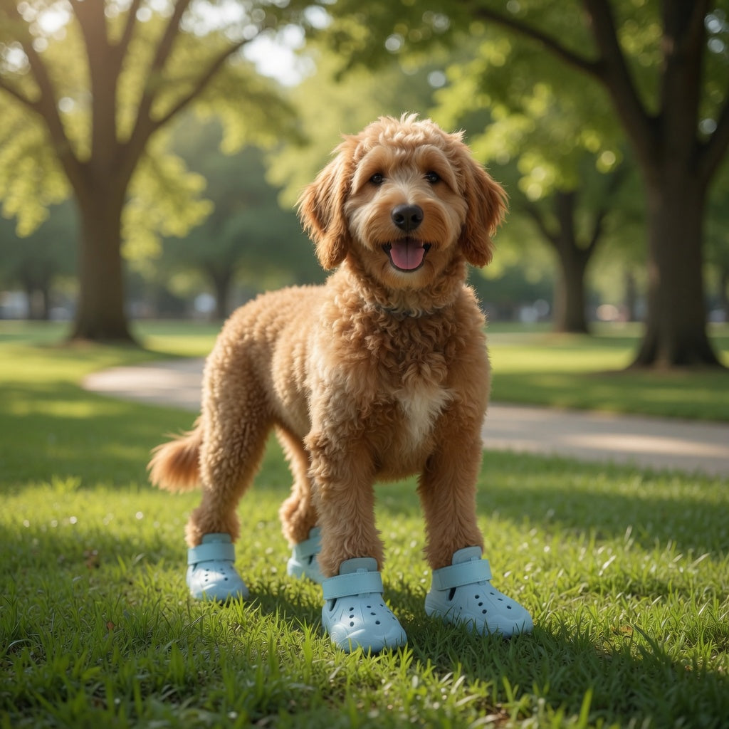 Dog wearing blue Summer Dog Crocs in a park setting
