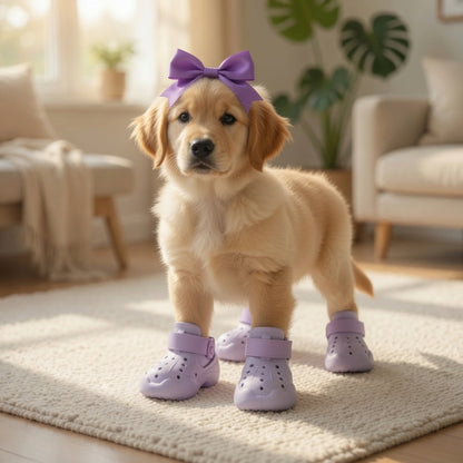 Puppy wearing purple Summer Dog Crocs and a bow in a living room.