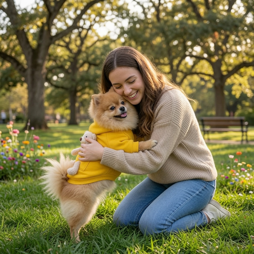 Woman hugging a small dog wearing a yellow Teddy Bear Dog Sweater in a park.