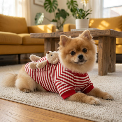 Small dog wearing a red and white striped Teddy Bear Dog Sweater in a living room.