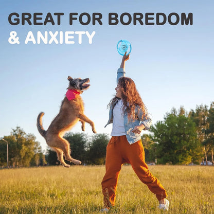 Woman playing fetch with a dog in a field, with text 'Great for Boredom & Anxiety'.
