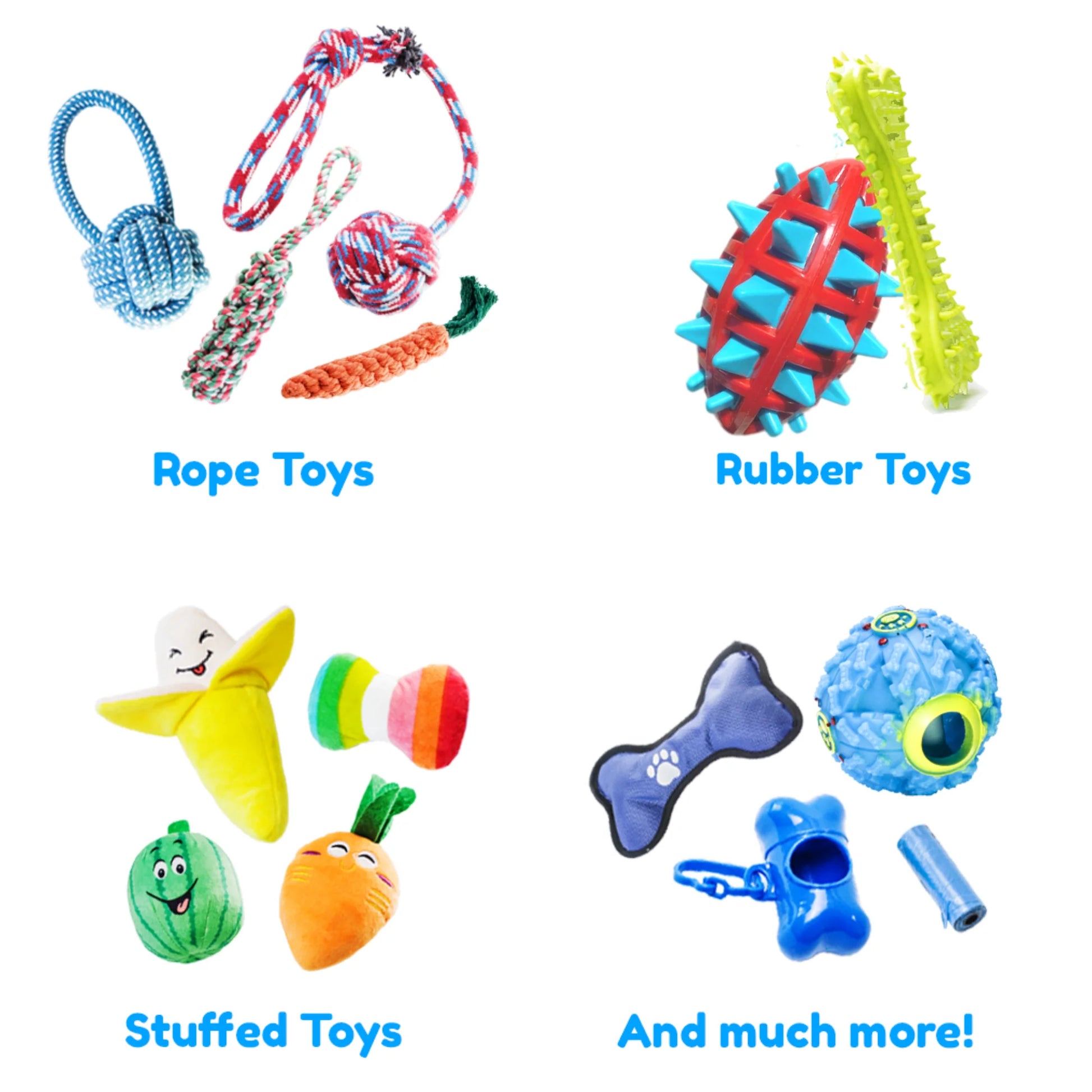 Collection of dog toys including rope, rubber, stuffed, and bone-shaped toys on a white background.