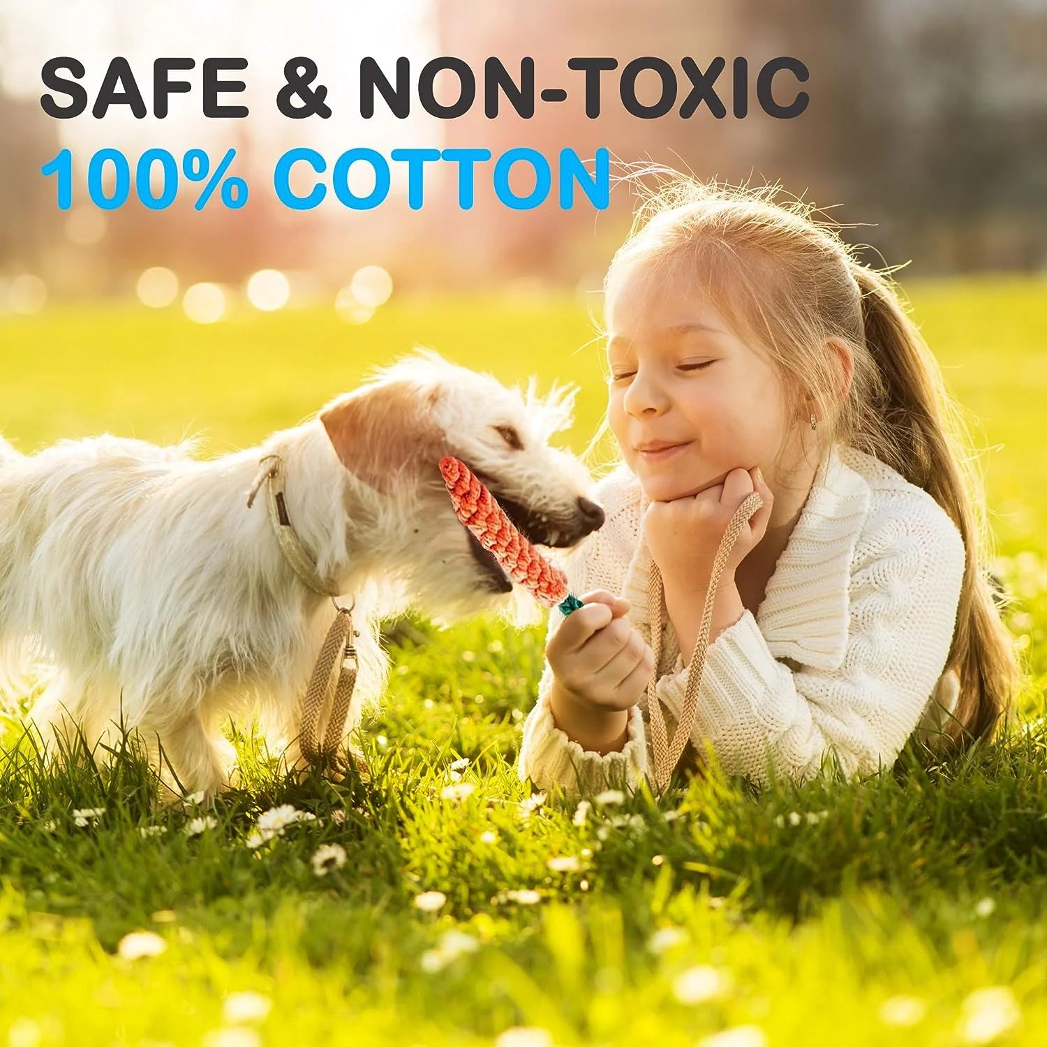 Child and dog in a grassy field with text about safe and non-toxic 100% cotton products.