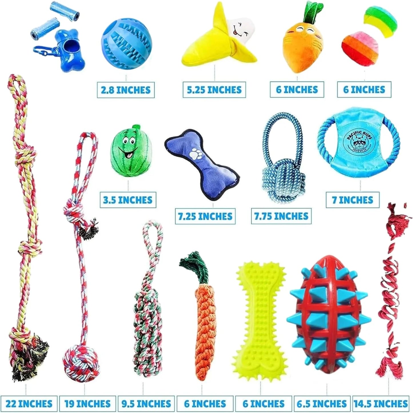 Assorted dog toys with measurements displayed on a white background