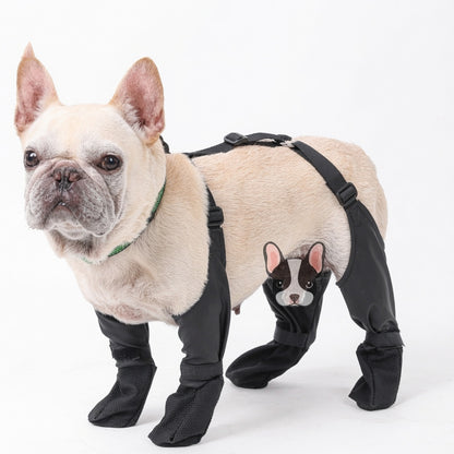 Dog wearing black Waterproof Adjustable Dog Boots with a white background